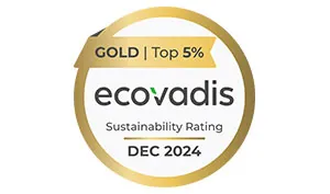 A gold badge with the Ecovadis logo, stating “Gold | Top 5% Sustainability Rating, Dec 2024.”