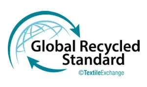 Global Recycled Standard logo featuring blue arrows circling a globe, with the text “Global Recycled Standard” and “©TextileExchange.”