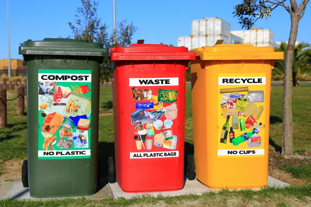 Waste bins for compost, general waste and recyclable waste to address plastic pollution