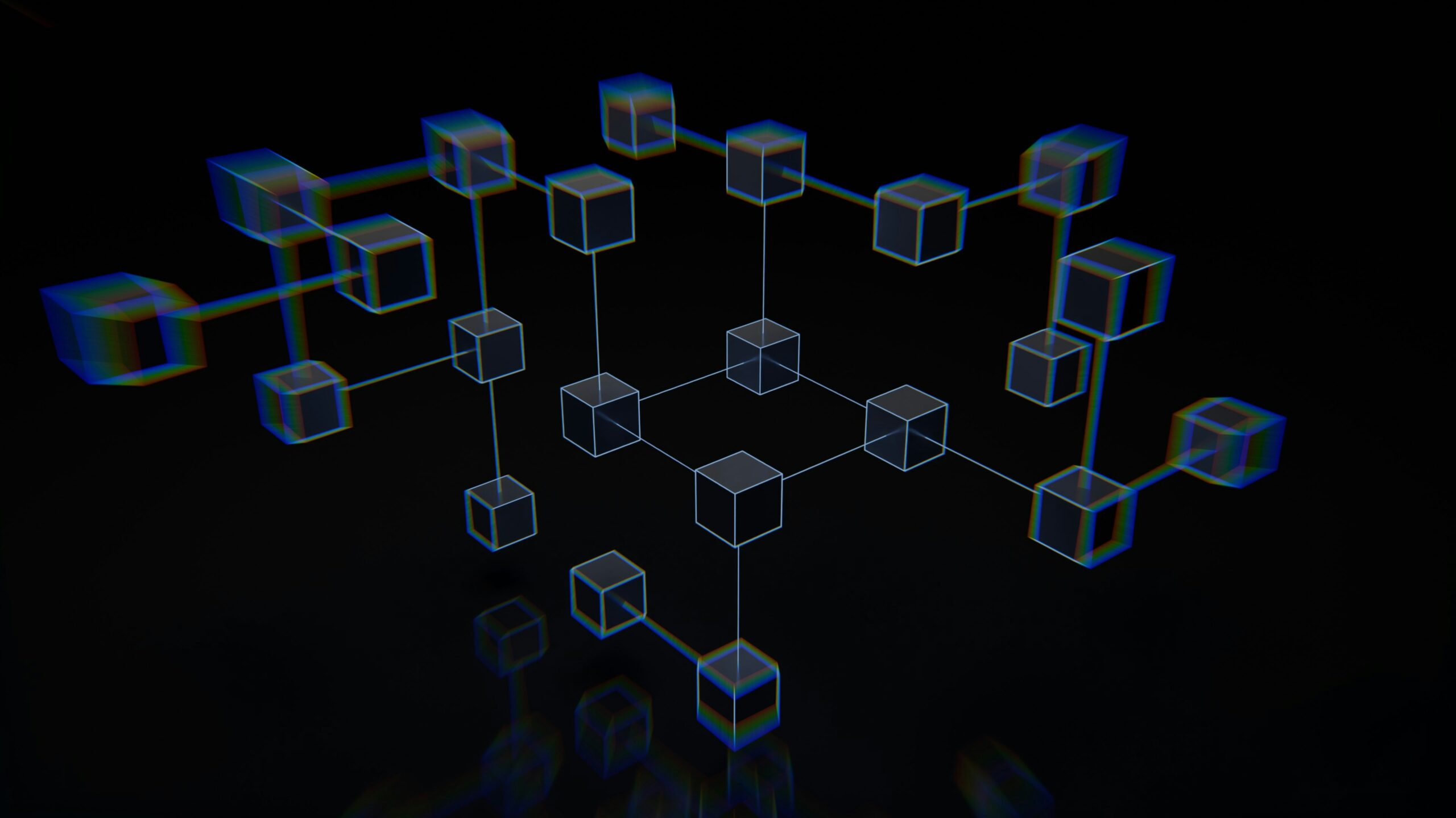 A group of cubes that are on a black surface symbolizing blockchain technology.
