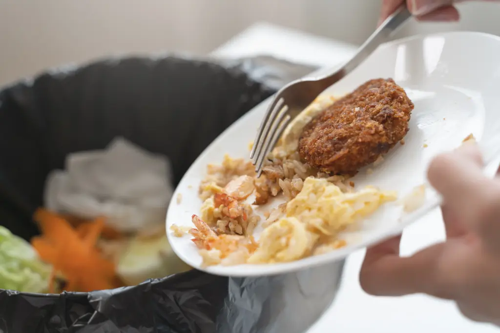 Leftover thrown into a trash bin with other household trash