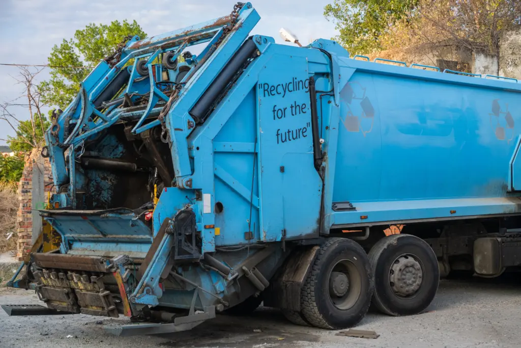 A garbage truck parked outdoors with a sign that says recycling for the future